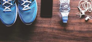 Shoes, phone, water bottle, earplugs